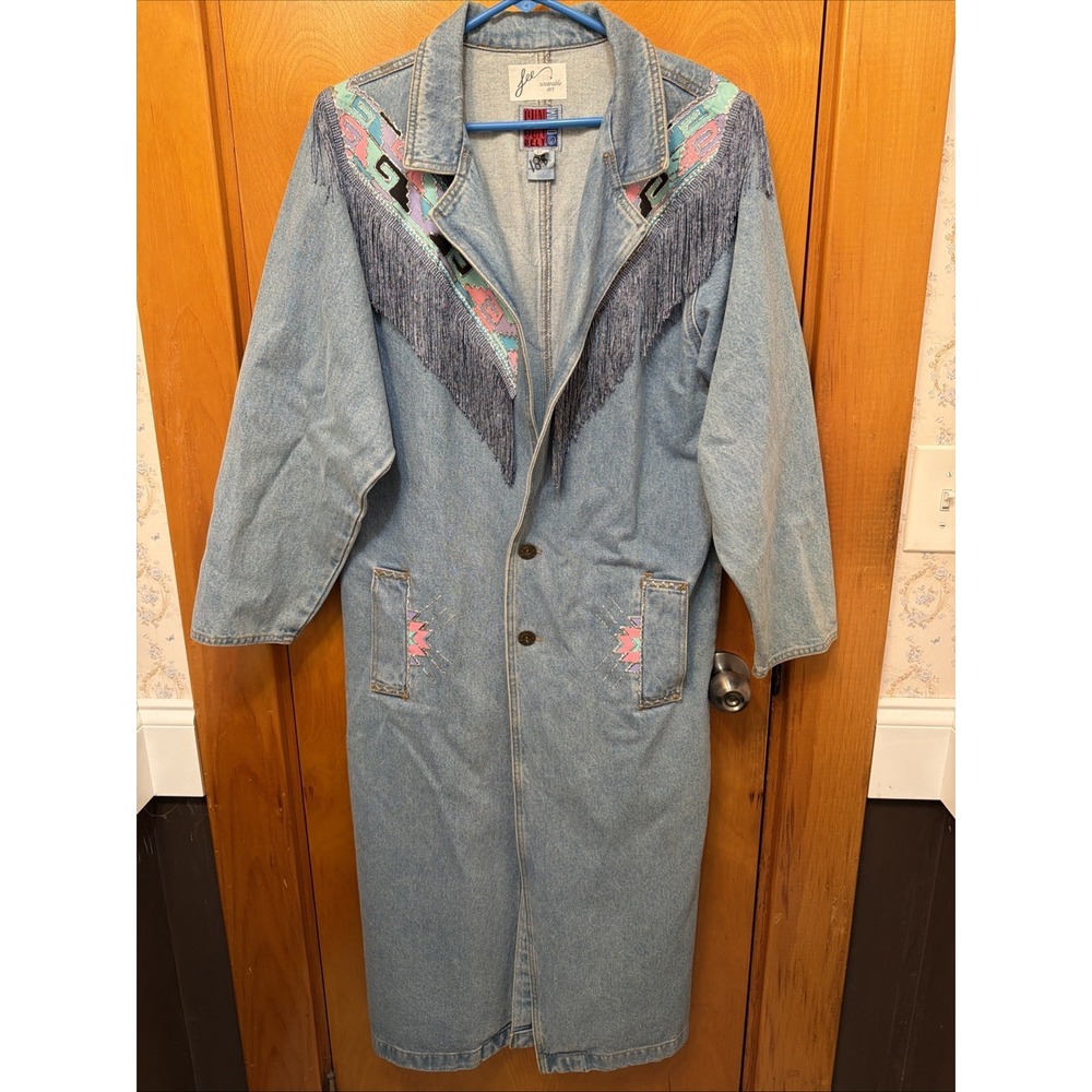 Vtg 80s Sunbelt Denim Duster Coat Fringe Southwestern Wearable Art Small
